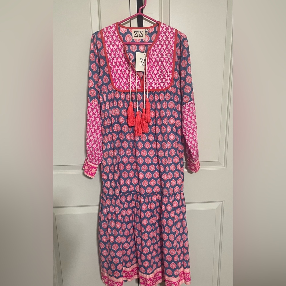 SZ Blockprints Women's Jodphur Maxi Dress Cornflower/ Hot Pink/Tangerine NWT S